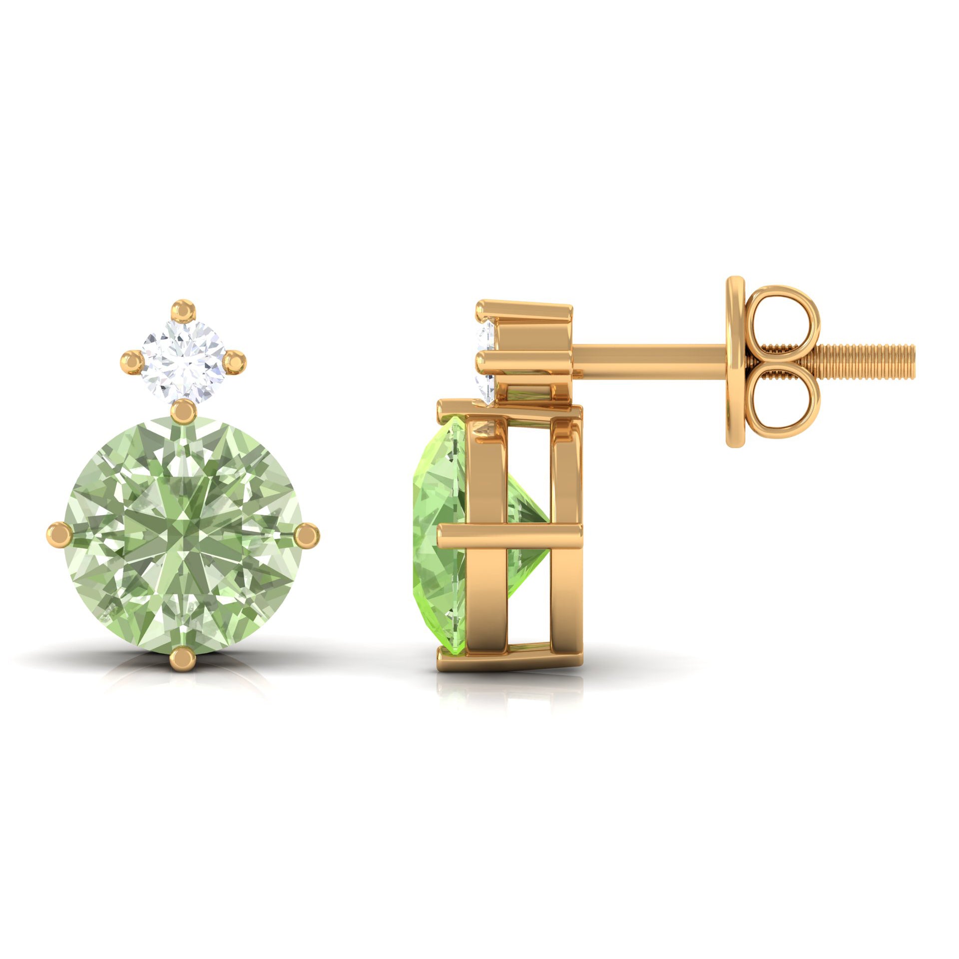 Simple Green Sapphire Solitaire Stud Earrings with Diamond Green Sapphire - ( AAA ) - Quality - Rosec Jewels