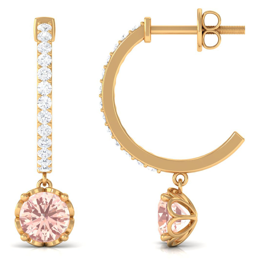 Minimal Round Morganite and Diamond Hoop Drop Earrings Morganite - ( AAA ) - Quality - Rosec Jewels