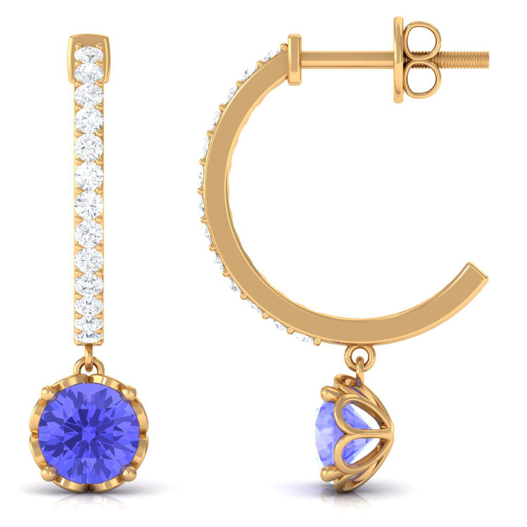 Minimal Round Tanzanite Hoop Drop Earrings with Diamond Tanzanite - ( AAA ) - Quality - Rosec Jewels