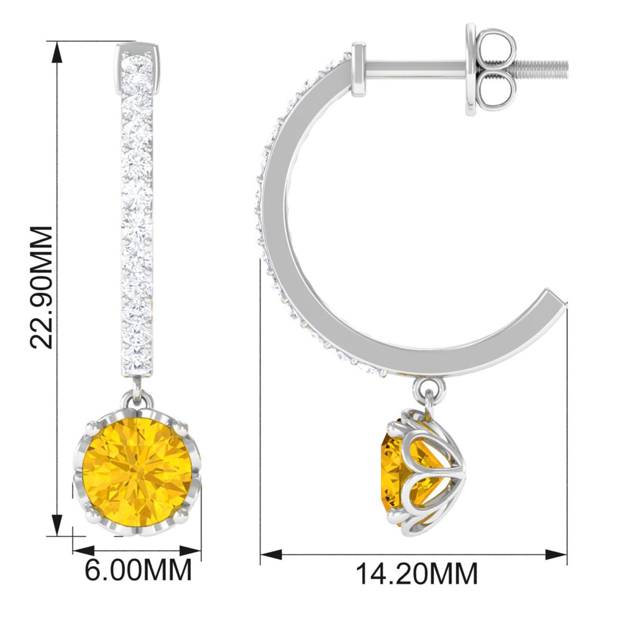 Round Lab Grown Yellow Sapphire Hoop Drop Earrings with Diamond Lab Created Yellow Sapphire - ( AAAA ) - Quality - Rosec Jewels