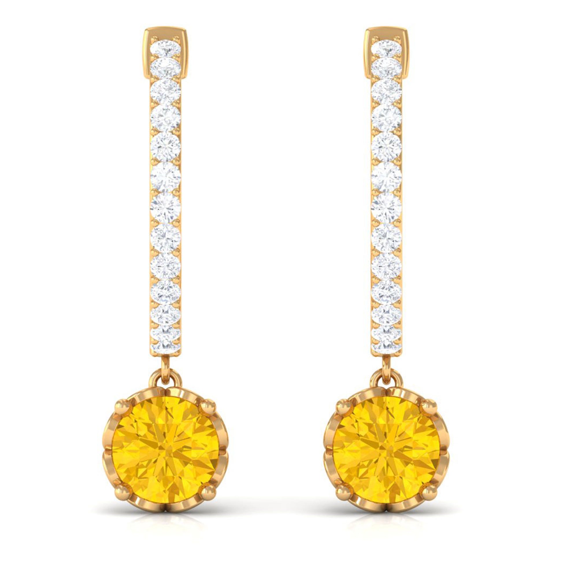 Round Lab Grown Yellow Sapphire Hoop Drop Earrings with Diamond Lab Created Yellow Sapphire - ( AAAA ) - Quality - Rosec Jewels