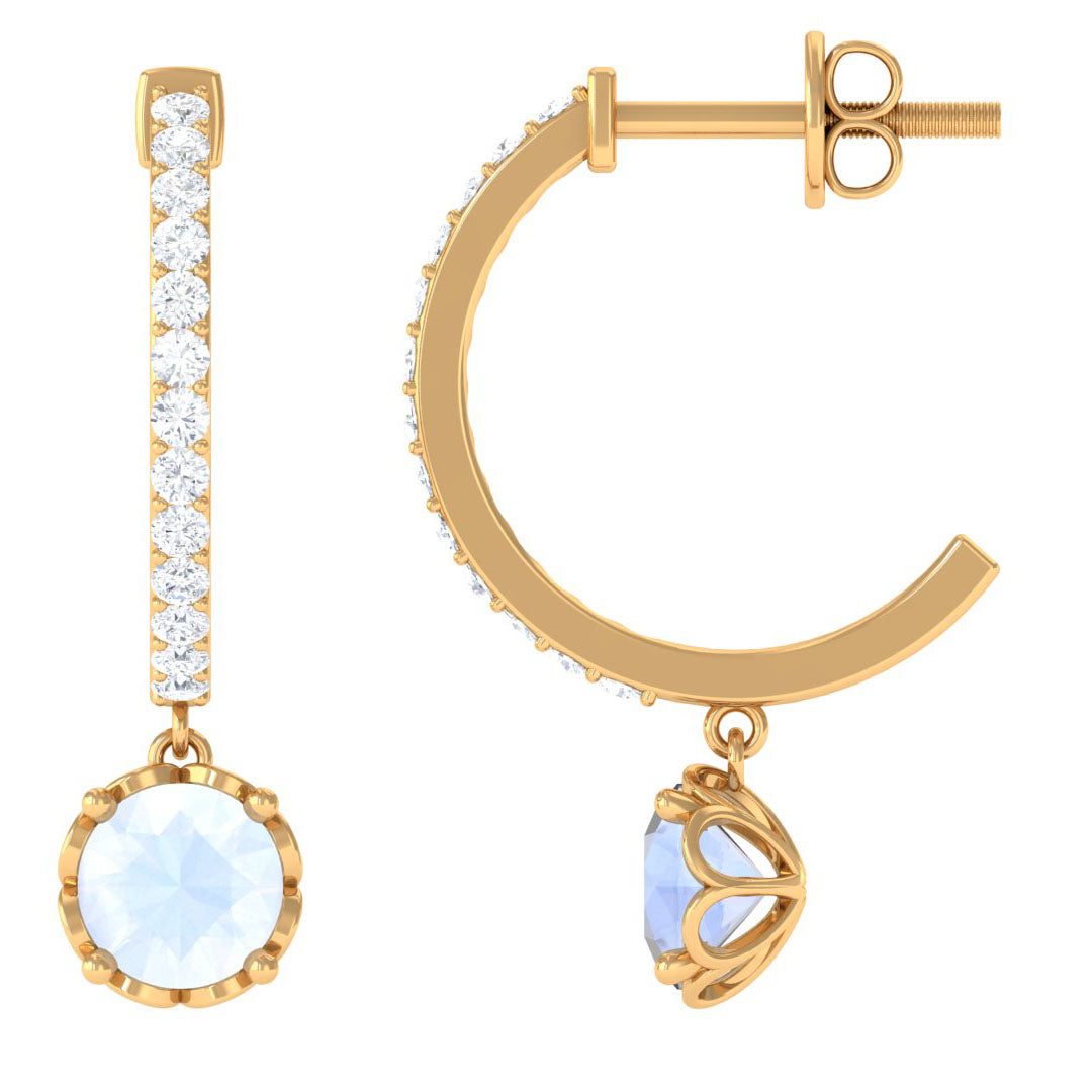 Minimal Round Moonstone Hoop Drop Earrings with Diamond Moonstone - ( AAA ) - Quality - Rosec Jewels