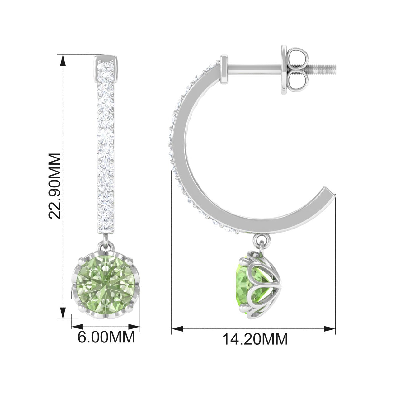 Round Green Sapphire Hoop Drop Earrings with Diamond Green Sapphire - ( AAA ) - Quality - Rosec Jewels