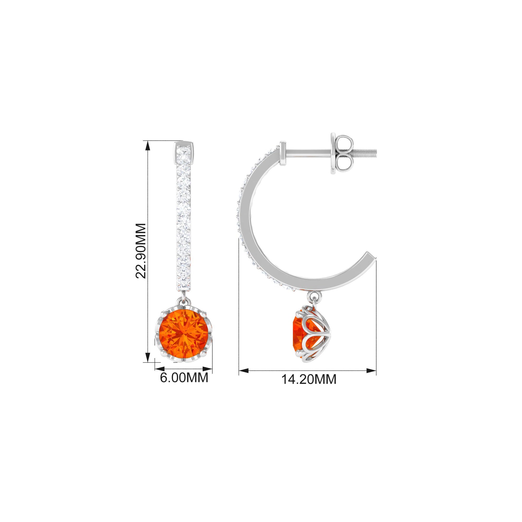 Round Orange Sapphire Hoop Drop Earrings with Diamond Orange Sapphire - ( AAA ) - Quality - Rosec Jewels