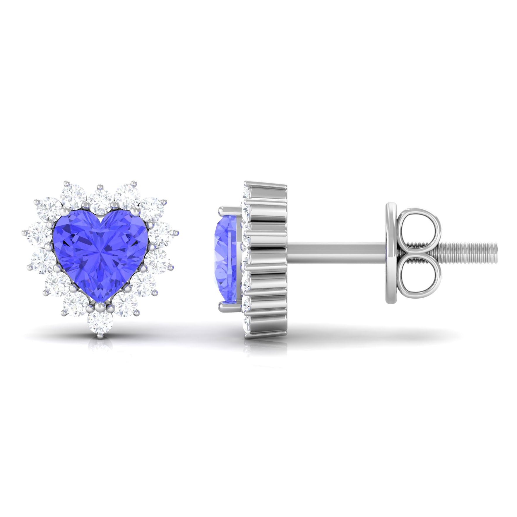 Minimal Heart Shape Tanzanite Halo Stud Earrings with Diamond Tanzanite - ( AAA ) - Quality - Rosec Jewels