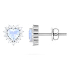 Minimal Heart Shape Moonstone Halo Stud Earrings with Diamond Moonstone - ( AAA ) - Quality - Rosec Jewels