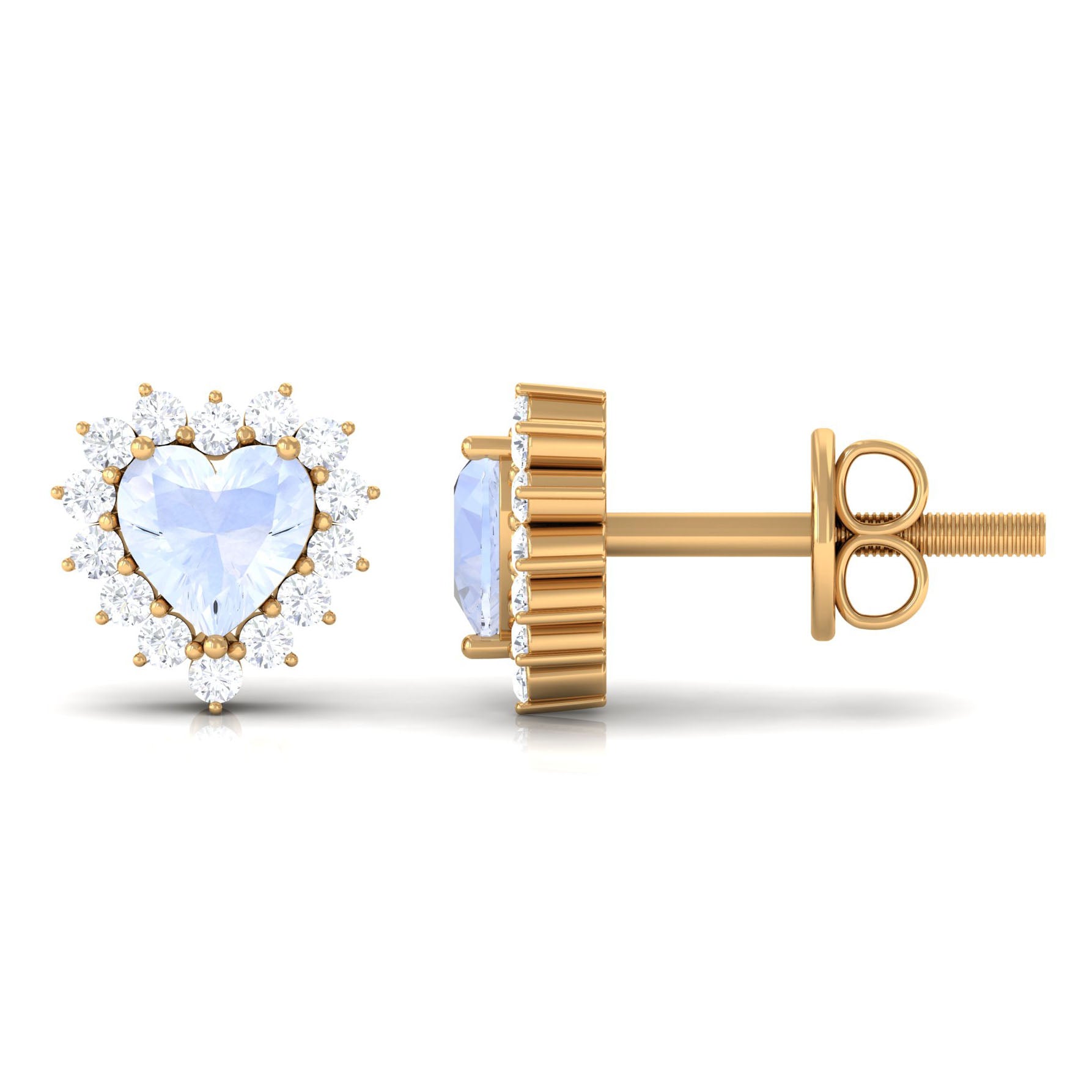 Minimal Heart Shape Moonstone Halo Stud Earrings with Diamond Moonstone - ( AAA ) - Quality - Rosec Jewels