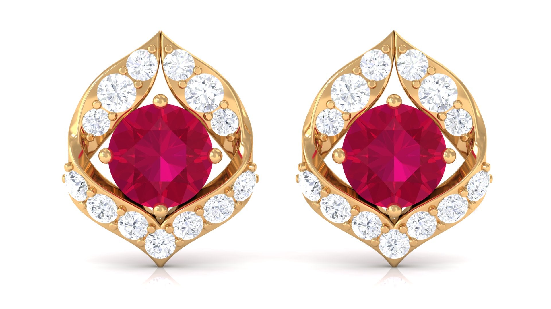 Dainty Ruby July Birthstone Stud Earrings with Diamond Ruby - ( AAA ) - Quality - Rosec Jewels