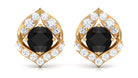 Dainty Black Onyx Stud Earrings with Diamond Black Onyx - ( AAA ) - Quality - Rosec Jewels