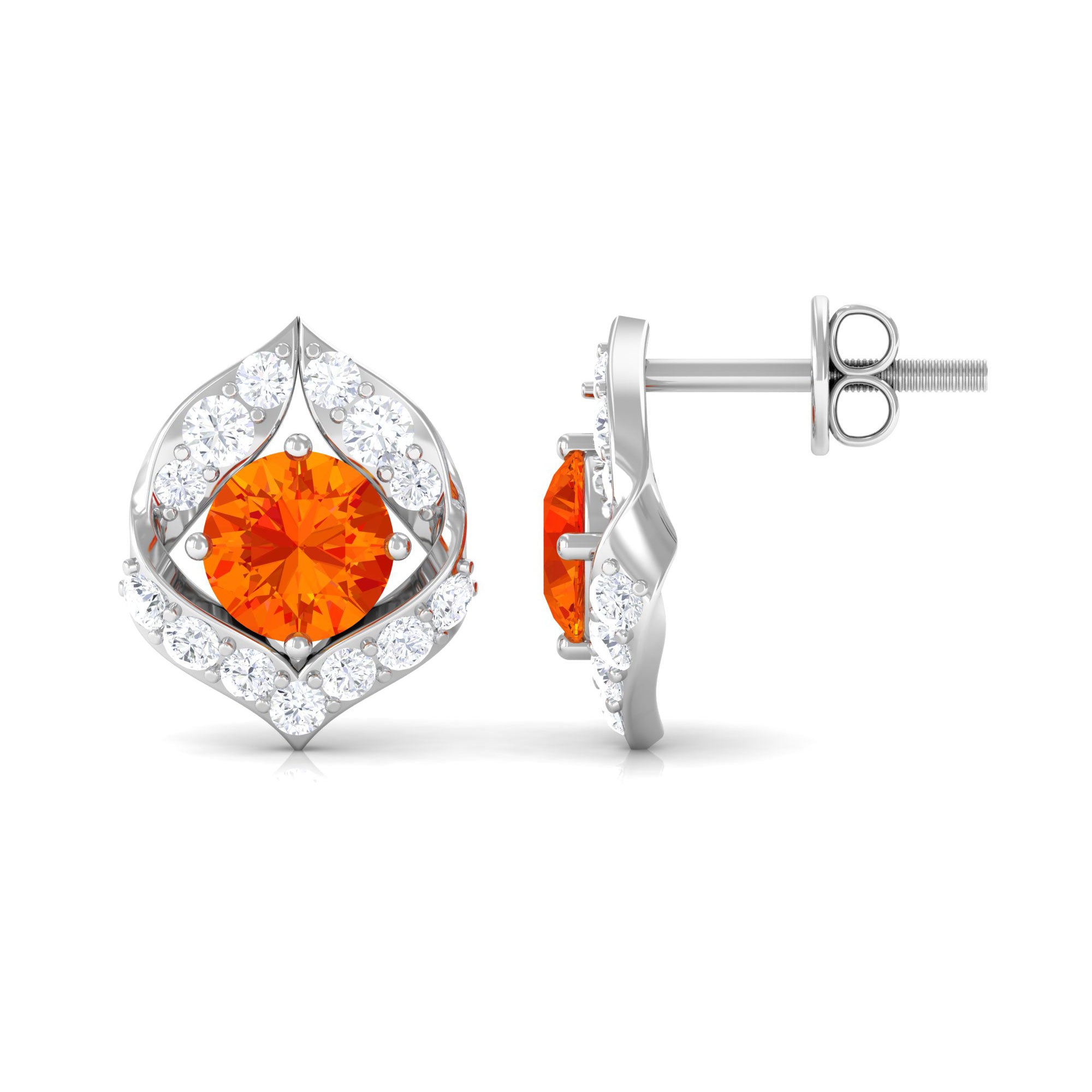 Orange Sapphire Unique Stud Earrings with Diamond Orange Sapphire - ( AAA ) - Quality - Rosec Jewels