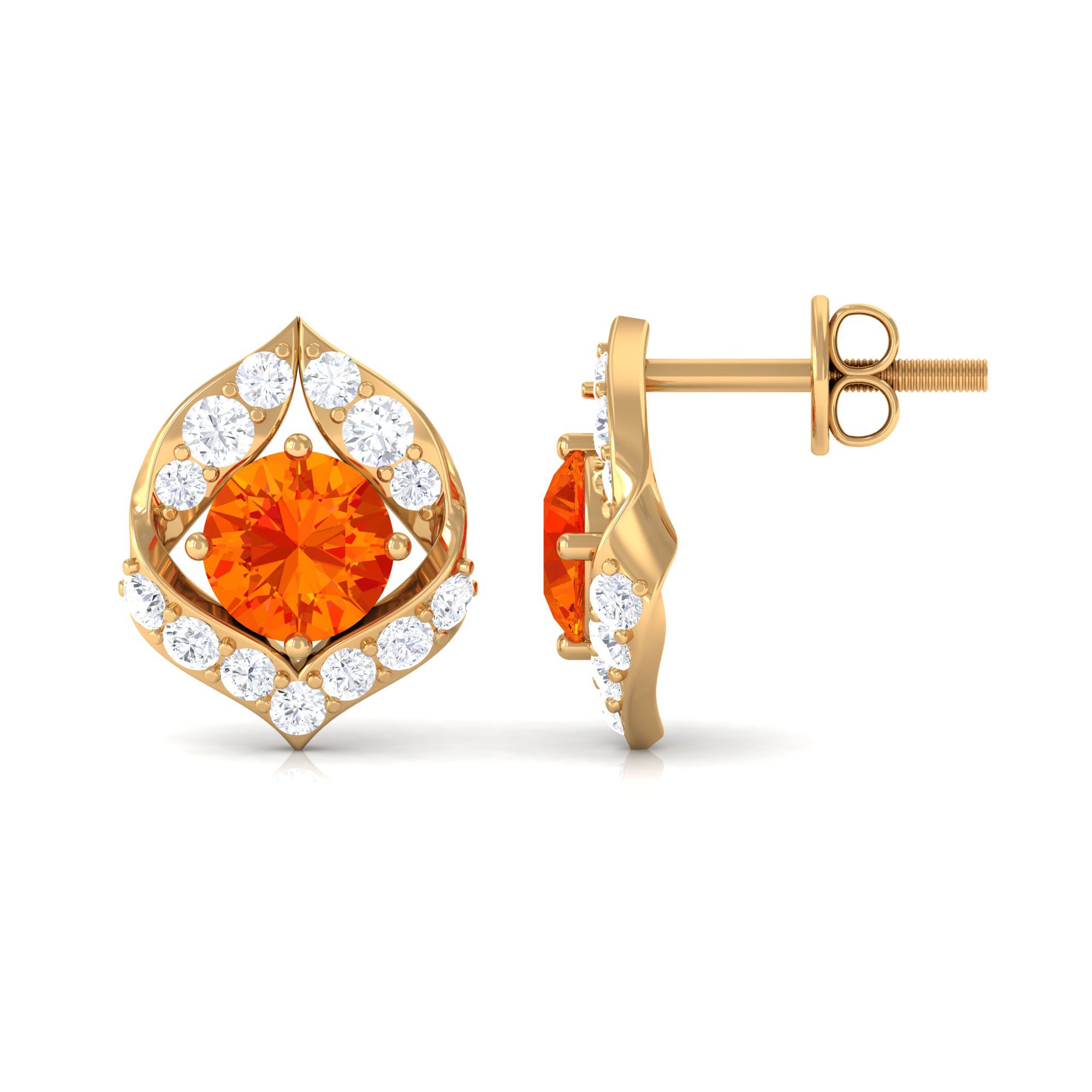 Orange Sapphire Unique Stud Earrings with Diamond Orange Sapphire - ( AAA ) - Quality - Rosec Jewels