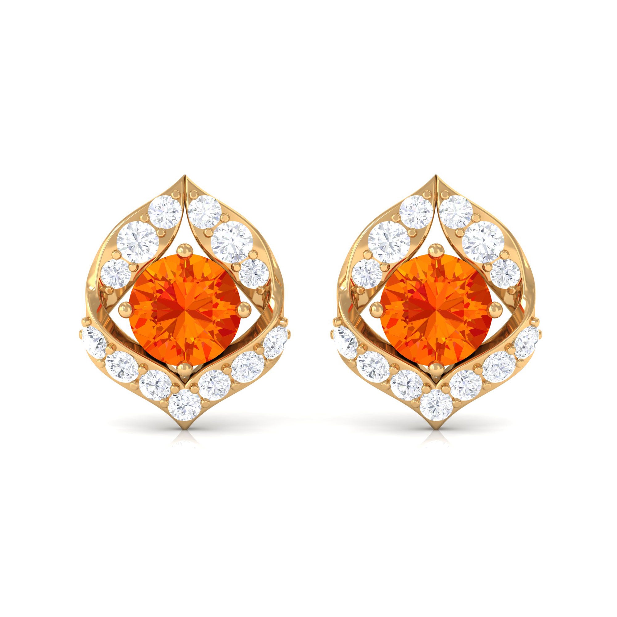 Orange Sapphire Unique Stud Earrings with Diamond Orange Sapphire - ( AAA ) - Quality - Rosec Jewels