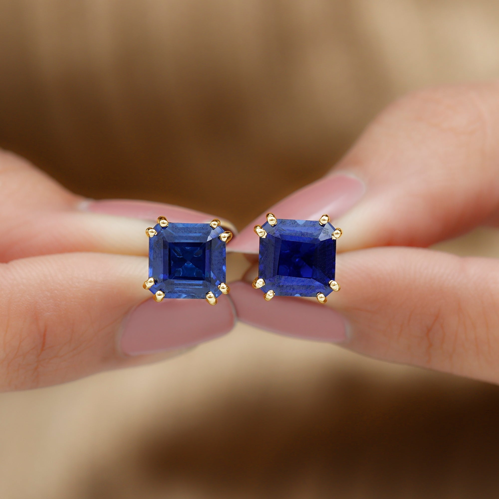 9.50 CT Asscher Cut Created Blue Sapphire Solitaire Stud Earrings Lab Created Blue Sapphire - ( AAAA ) - Quality - Rosec Jewels