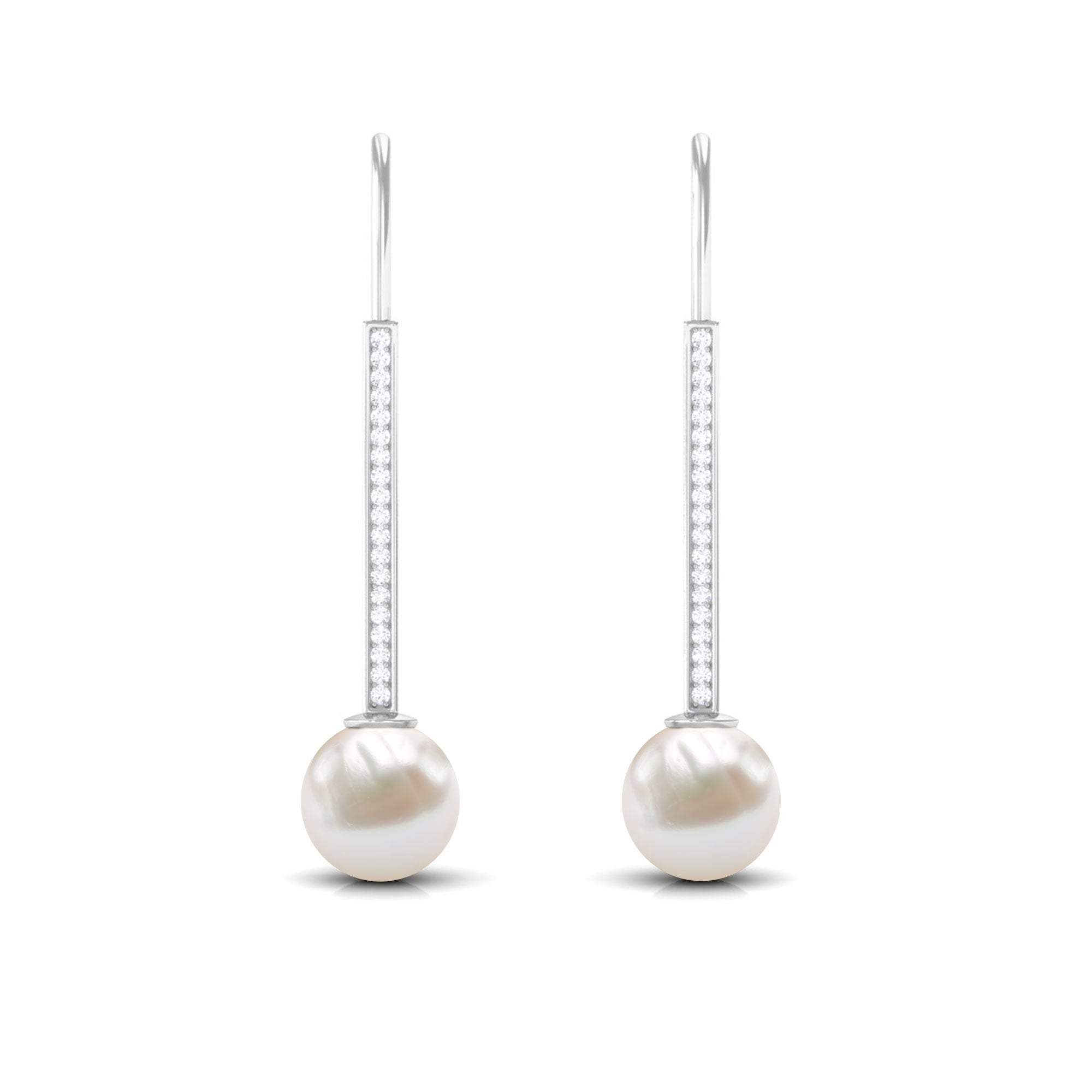 Freshwater Pearl and Diamond Drop Earrings with Fish Hook Closure Freshwater Pearl - ( AAA ) - Quality - Rosec Jewels