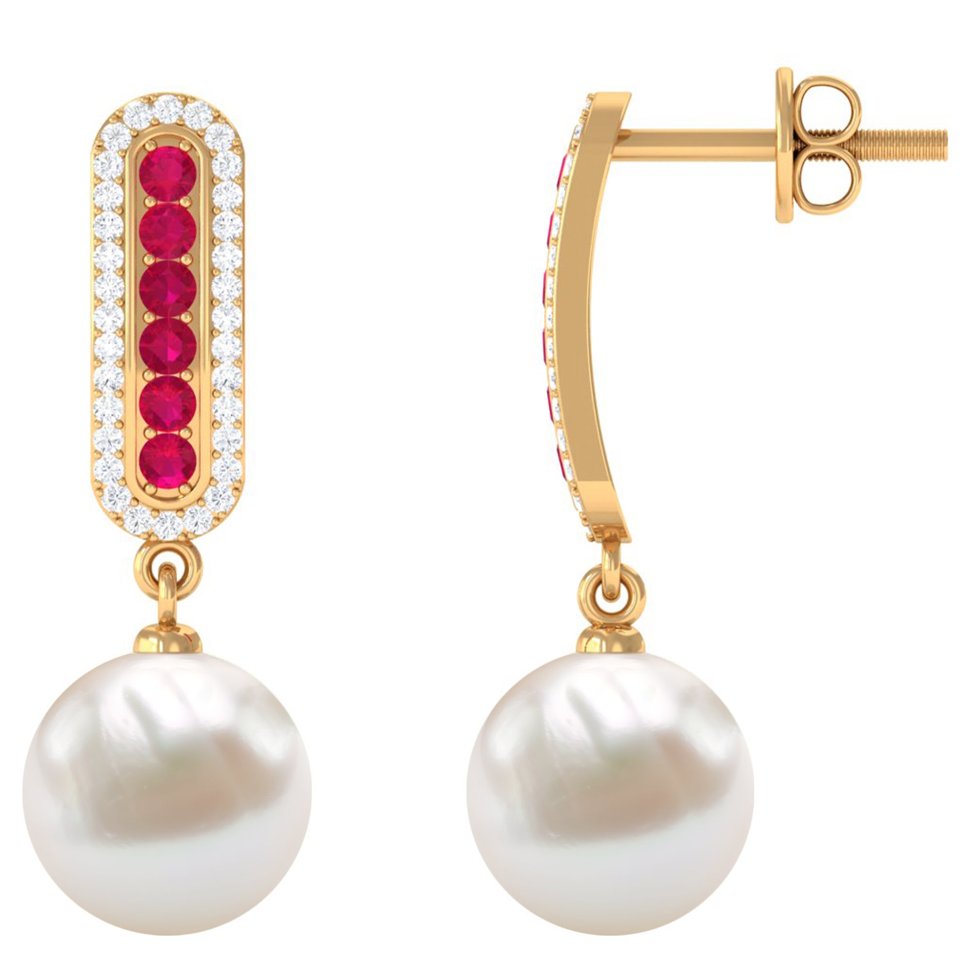 15.50 CT Freshwater Pearl Drop Earrings with Ruby and Moissanite Freshwater Pearl - ( AAA ) - Quality - Rosec Jewels