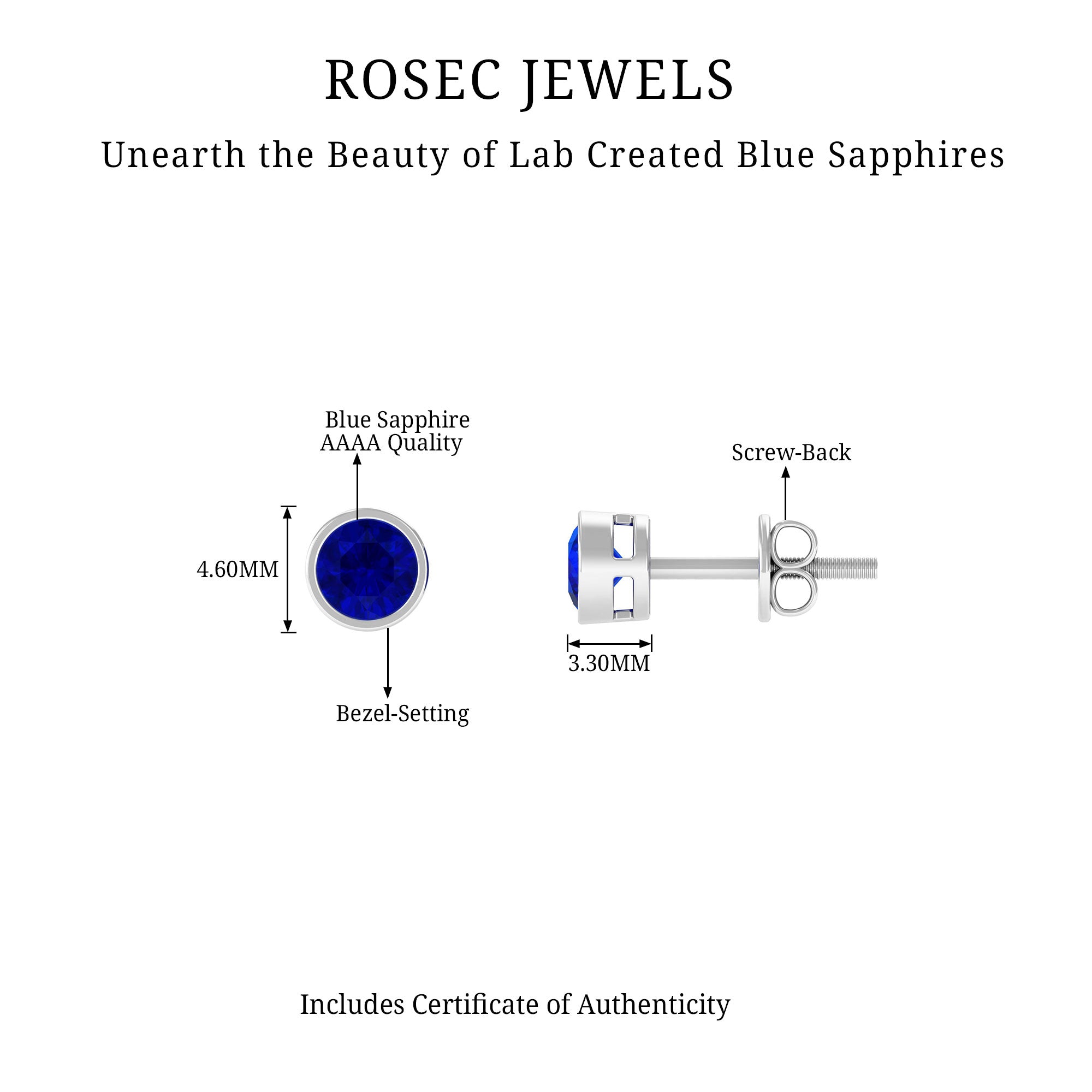 Bezel Set Created Blue Sapphire Solitaire Stud Earrings Lab Created Blue Sapphire - ( AAAA ) - Quality - Rosec Jewels