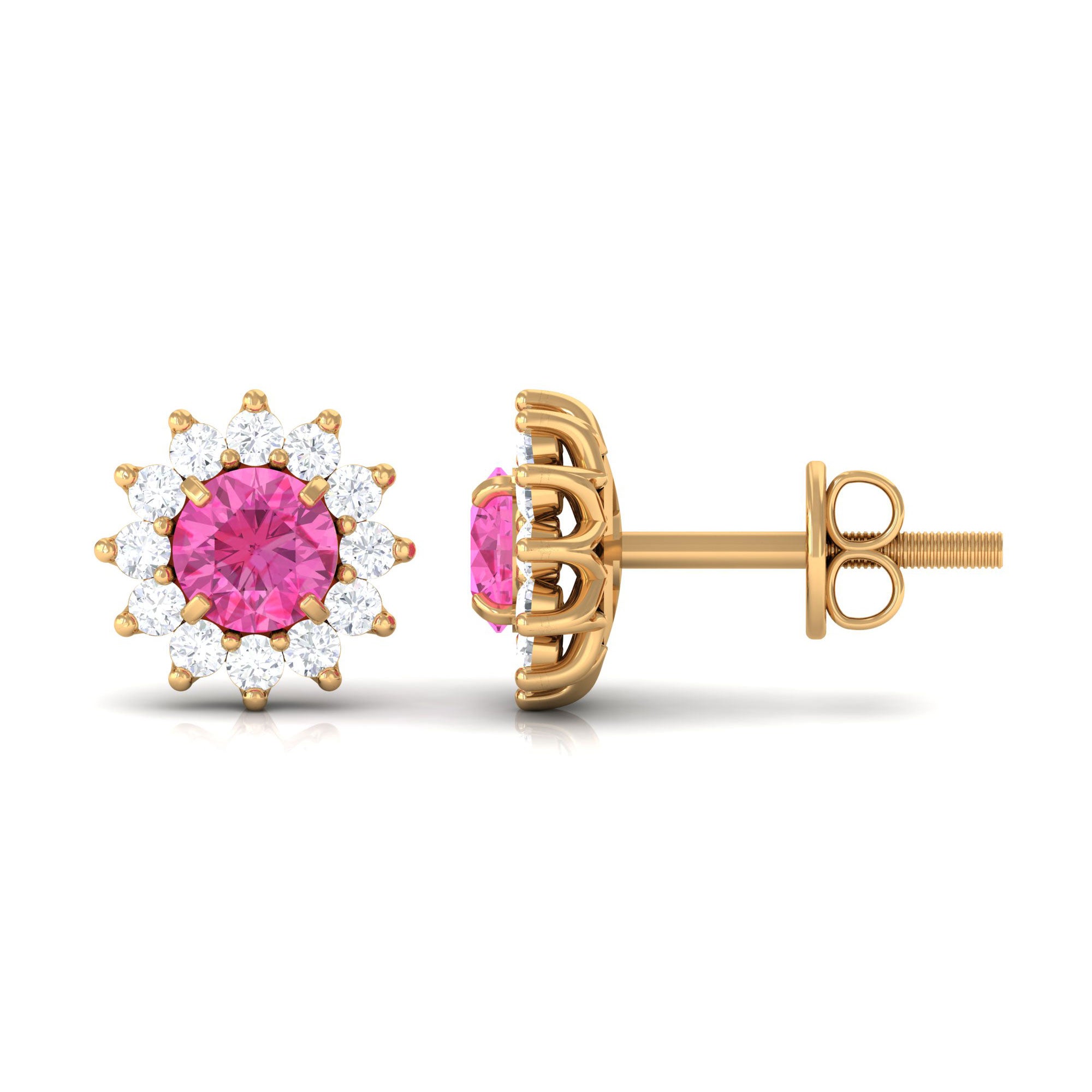 1.25 CT Pink Sapphire Flower Stud Earrings with Diamond Halo Pink Sapphire - ( AAA ) - Quality - Rosec Jewels