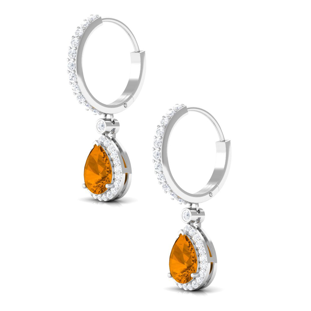 Pear Shape Citrine Hoop Drop Earrings with Moissanite Halo Citrine - ( AAA ) - Quality - Rosec Jewels