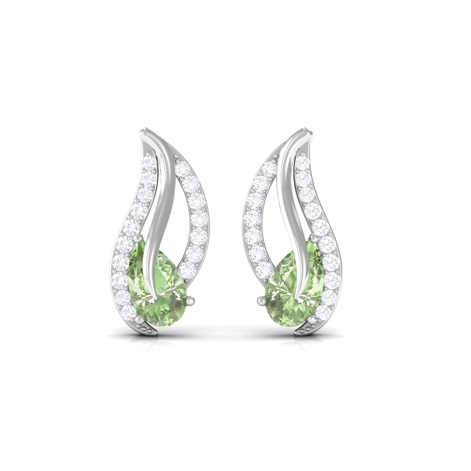 Pear Shape Green Sapphire and Diamond Leaf Stud Earrings Green Sapphire - ( AAA ) - Quality - Rosec Jewels