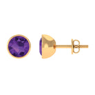 Round Amethyst Solitaire Stud Earrings in Bezel Setting Amethyst - ( AAA ) - Quality - Rosec Jewels