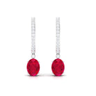 Oval Created Ruby Hinged Hoop Drop Earrings with Diamond Lab Created Ruby - ( AAAA ) - Quality - Rosec Jewels