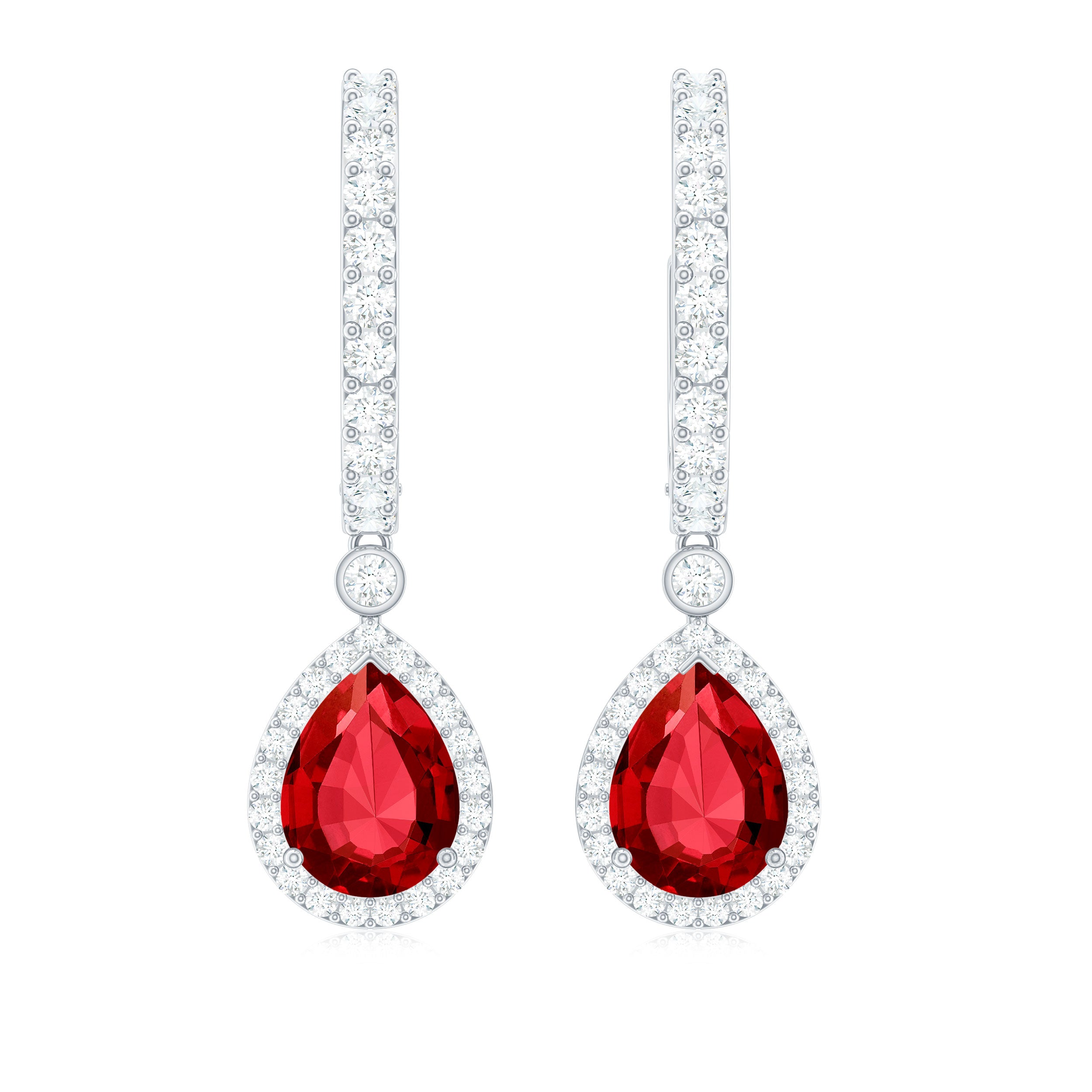 Classic Pear Cut Created Ruby and Moissanite Hoop Drop Earrings Lab Created Ruby - ( AAAA ) - Quality - Rosec Jewels