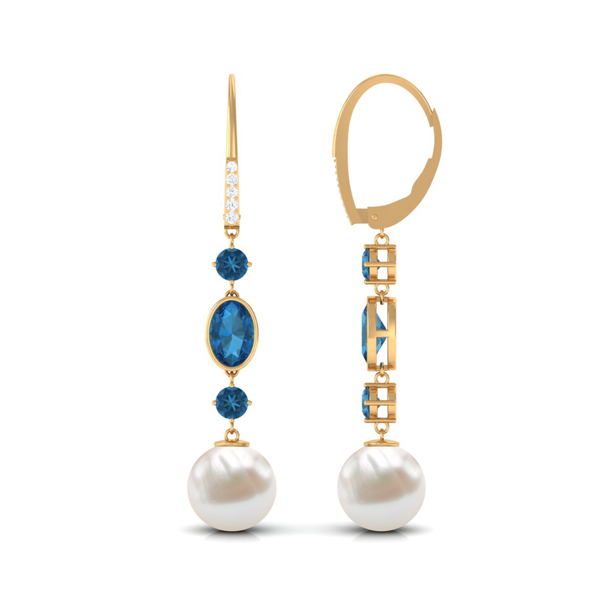 London Blue Topaz and Freshwater Pearl Dangle Earrings with Moissanite Freshwater Pearl - ( AAA ) - Quality - Rosec Jewels