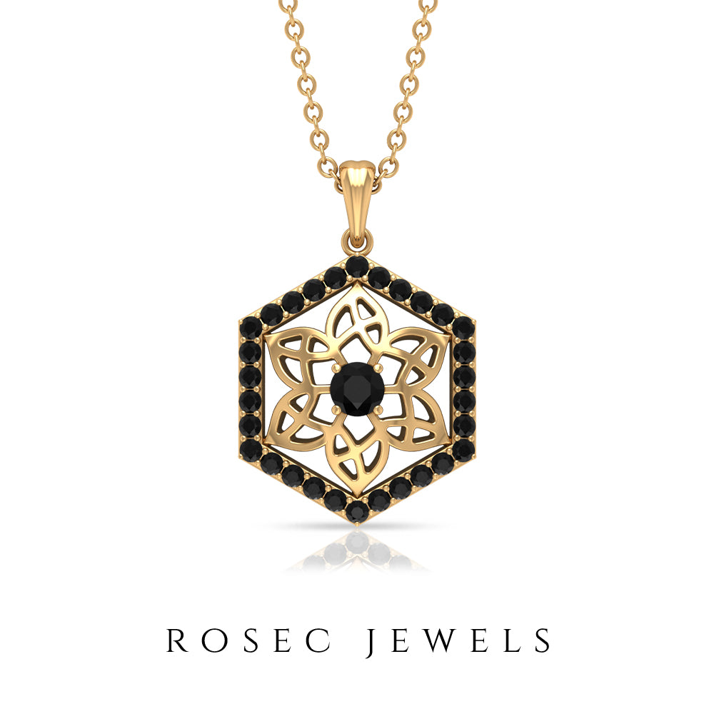 Vintage Inspired Flower Pendant Necklace with Black Diamond Black Diamond - ( AAA ) - Quality - Rosec Jewels