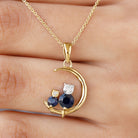 1.5 CT Blue Sapphire and Diamond Cat Moon Pendant Necklace Blue Sapphire - ( AAA ) - Quality - Rosec Jewels