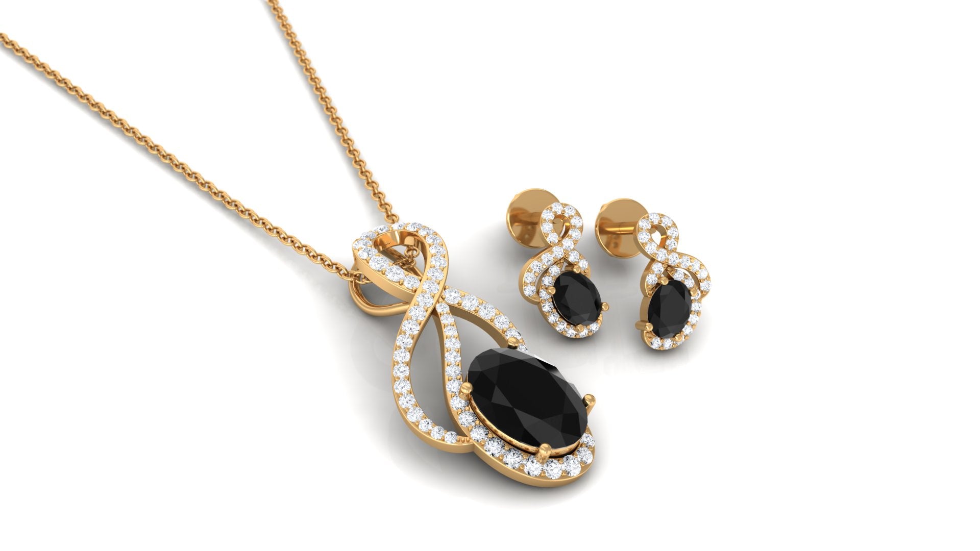 Oval Black Onyx Infinity Jewelry Set with Diamond Black Onyx - ( AAA ) - Quality - Rosec Jewels