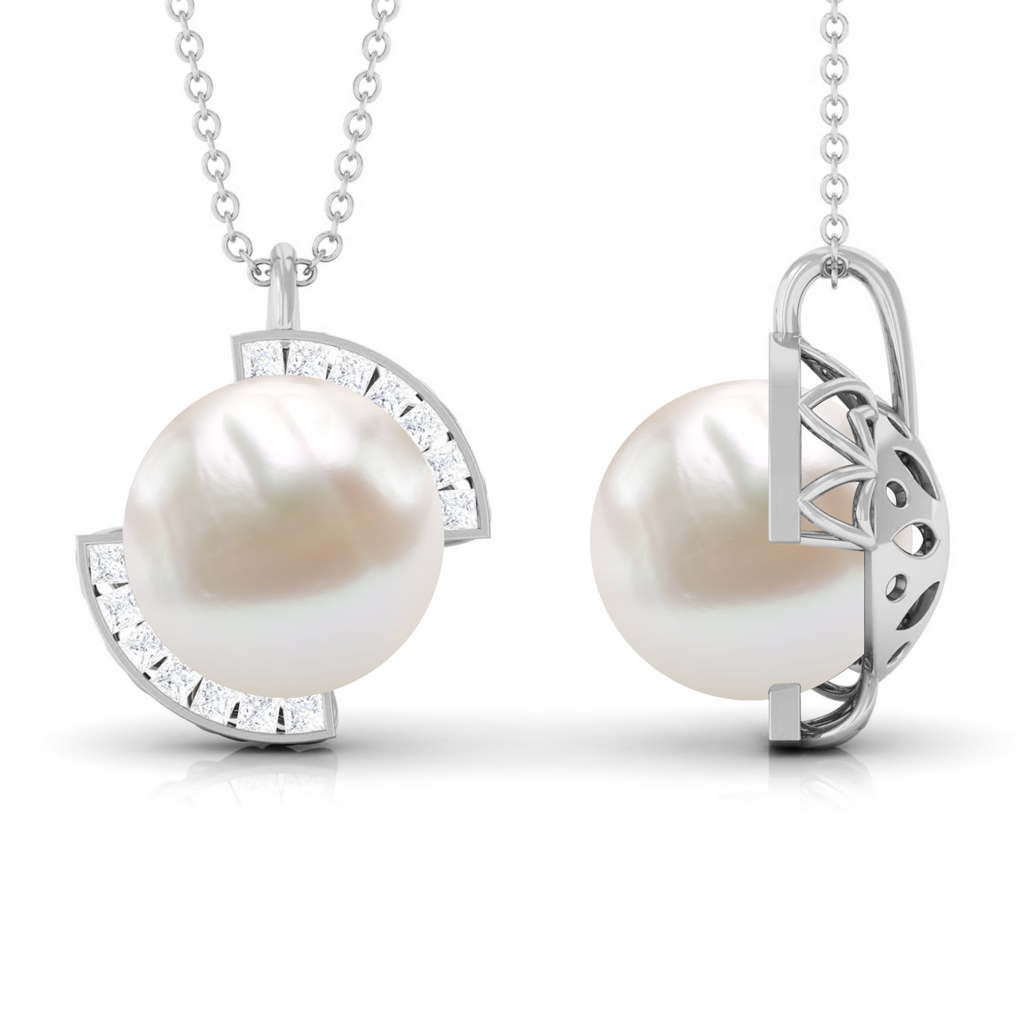 Freshwater Pearl and Diamond Minimal Pendant Necklace Freshwater Pearl - ( AAA ) - Quality - Rosec Jewels