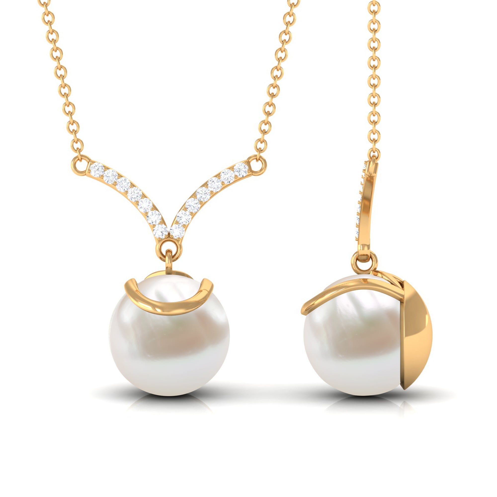 Real Freshwater Pearl Drop Necklace with Diamond Freshwater Pearl - ( AAA ) - Quality - Rosec Jewels