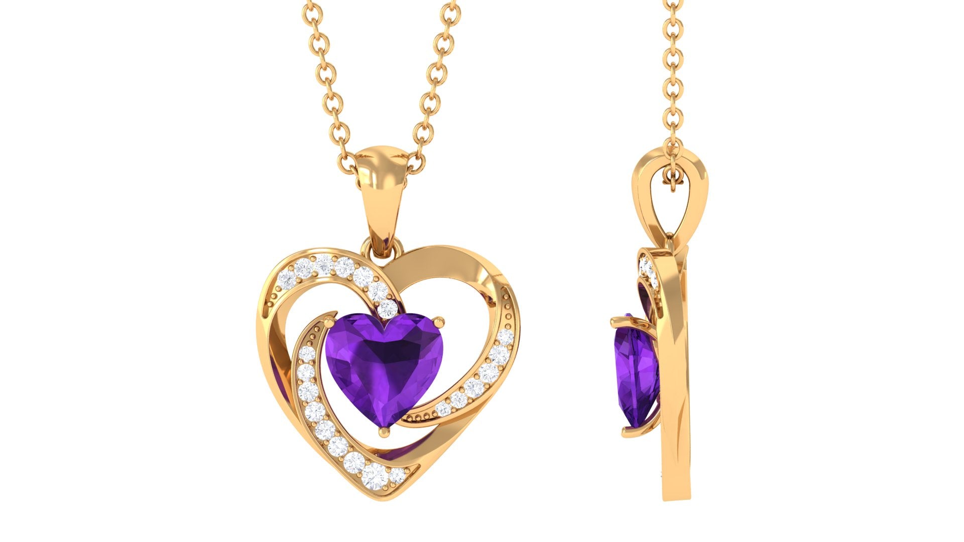 1 CT Solitaire Amethyst and Diamond Heart Pendant Necklace Amethyst - ( AAA ) - Quality - Rosec Jewels