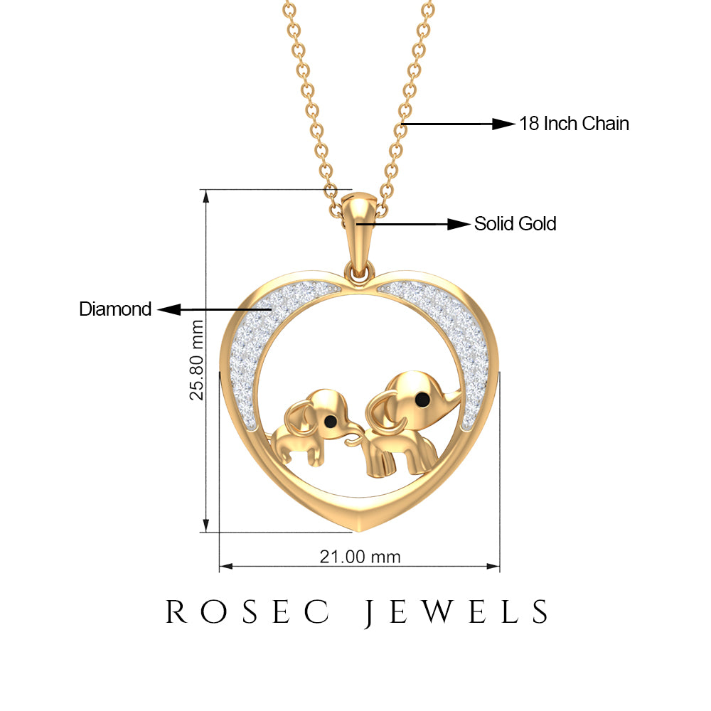 Diamond and Gold Heart Elephant Pendant Necklace Diamond - ( HI-SI ) - Color and Clarity - Rosec Jewels