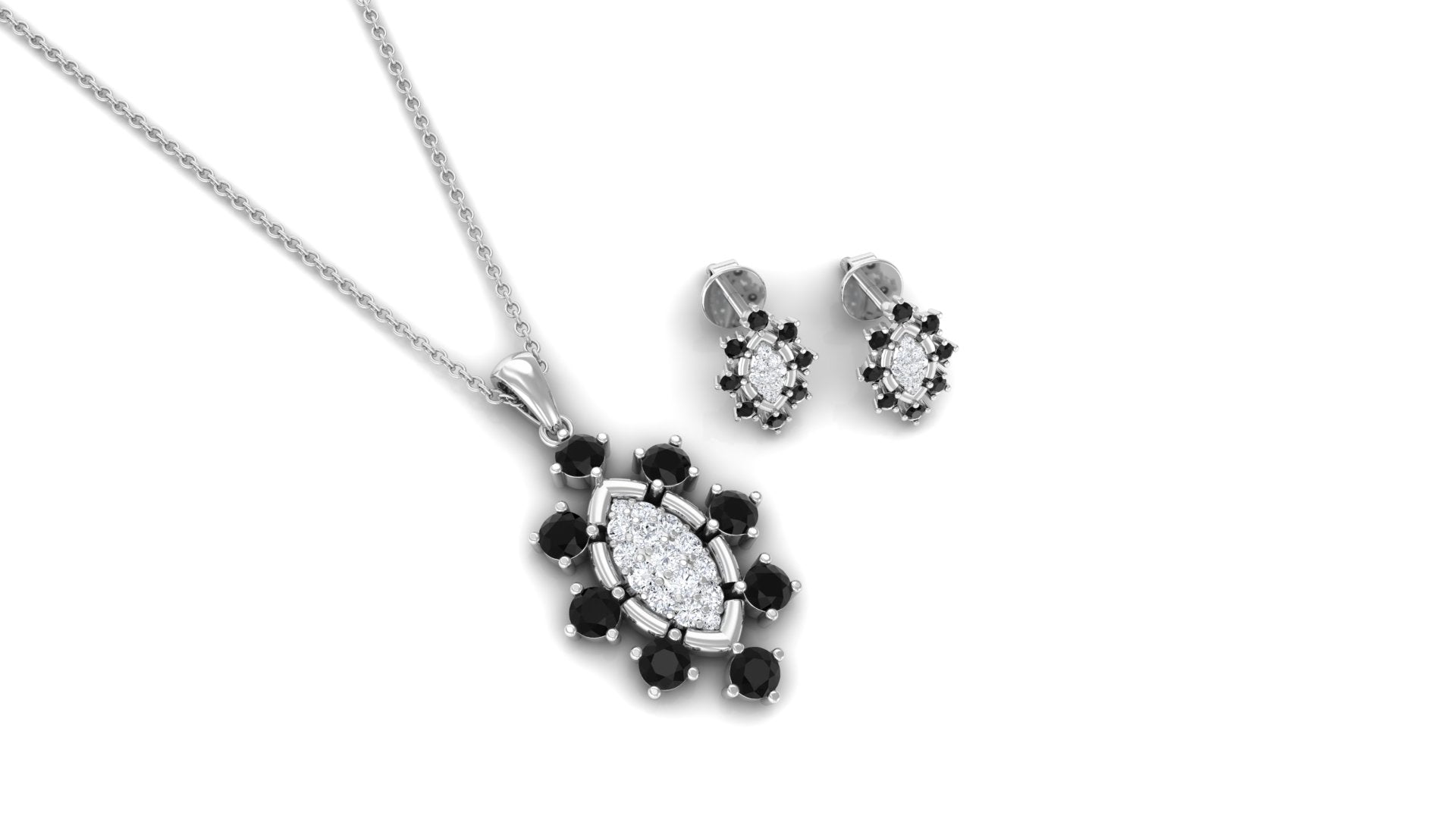 Black Onyx and Diamond Statement Pendant and Earrings Set Black Onyx - ( AAA ) - Quality - Rosec Jewels