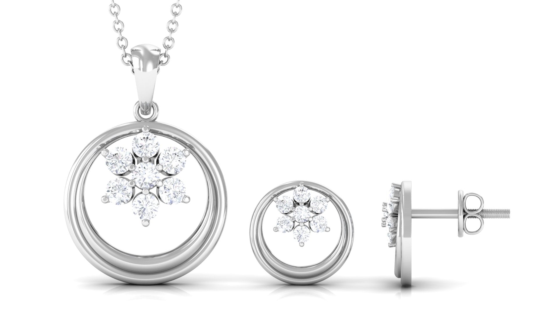 1 CT Real Diamond Floral Pendant Necklace and Stud Earring Set Diamond - ( HI-SI ) - Color and Clarity - Rosec Jewels