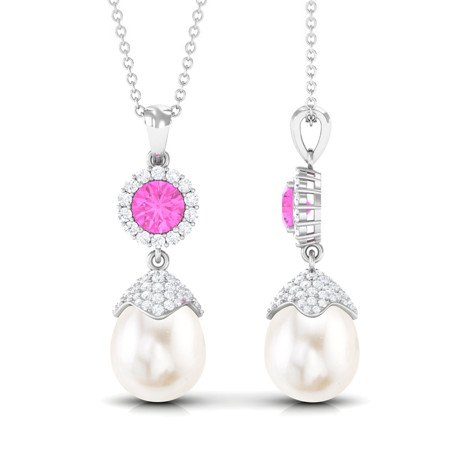 Freshwater Pearl Designer Drop Pendant with Pink Sapphire and Diamond Freshwater Pearl - ( AAA ) - Quality - Rosec Jewels