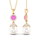 Freshwater Pearl Designer Drop Pendant with Pink Sapphire and Diamond Freshwater Pearl - ( AAA ) - Quality - Rosec Jewels