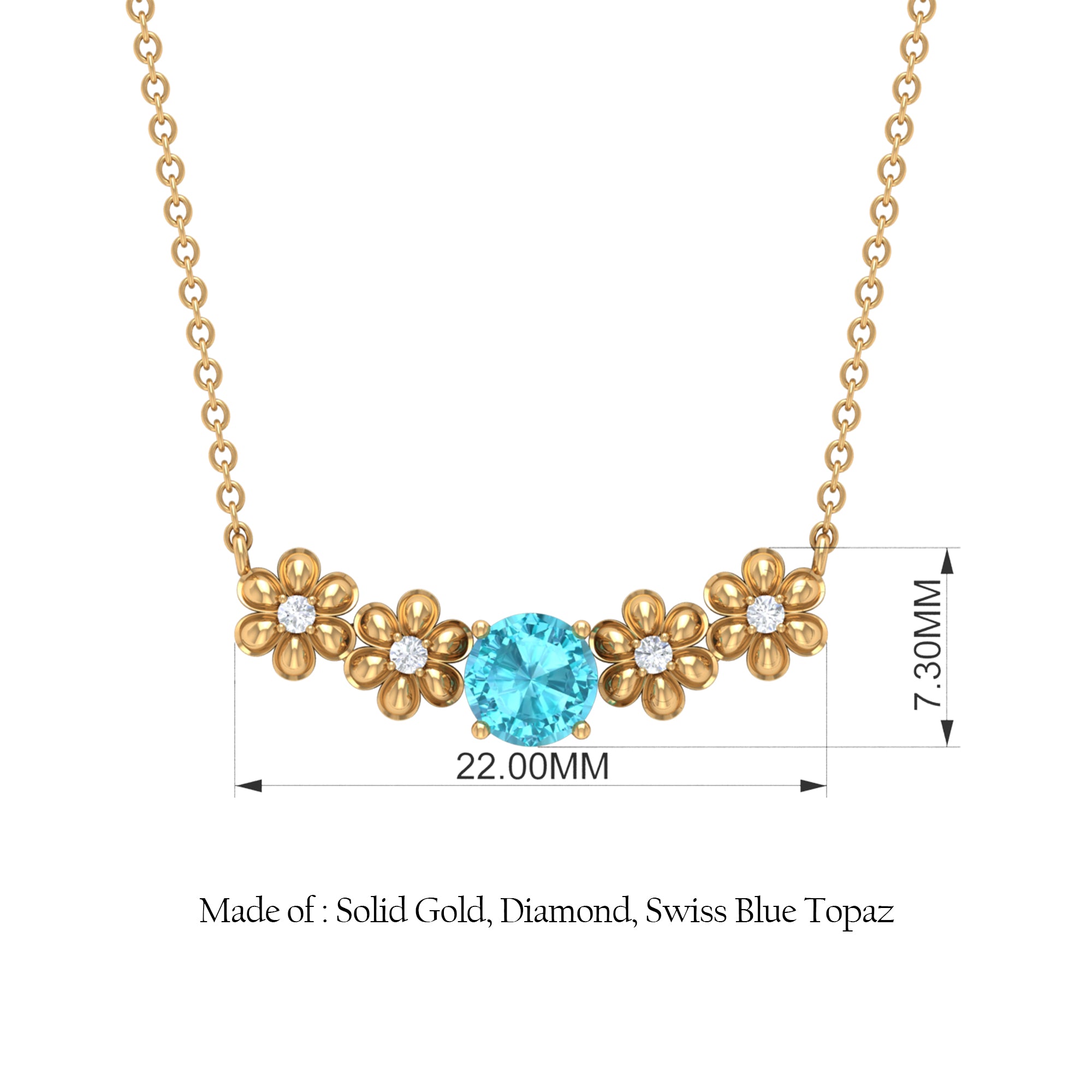 Gold Floral Minimal Necklace with Swiss Blue Topaz and Diamond Swiss Blue Topaz - ( AAA ) - Quality - Rosec Jewels