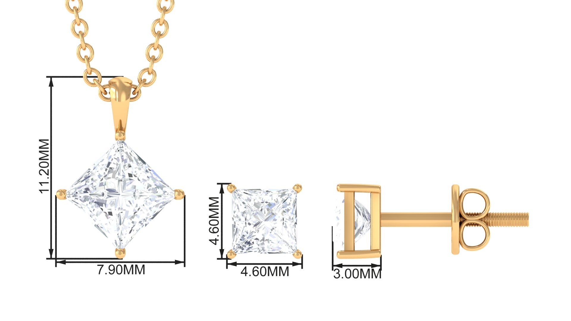 1.75 CT Princess Cut Cubic Zirconia Solitaire Pendant Necklace and Stud Earring Set Zircon - ( AAAA ) - Quality - Rosec Jewels