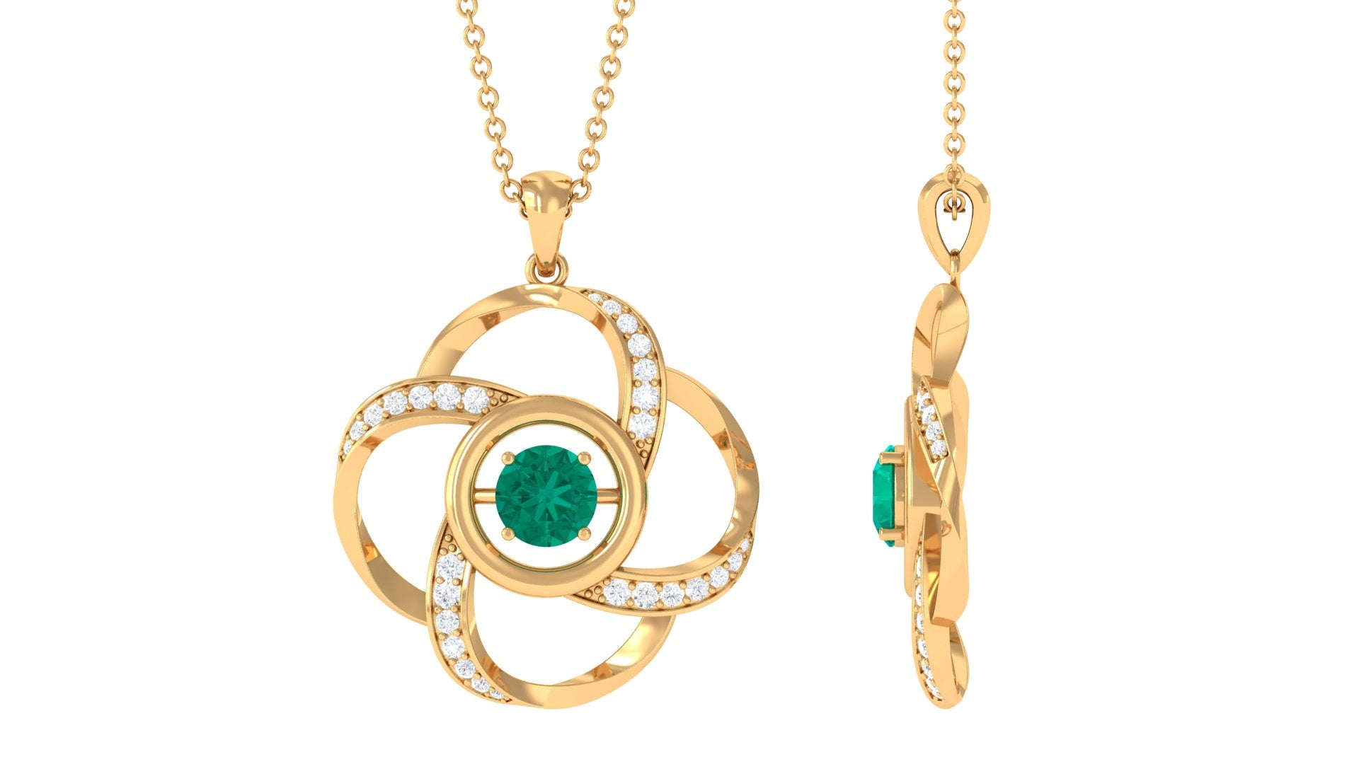 Emerald Floral Pendant Necklace with Diamond Emerald - ( AAA ) - Quality - Rosec Jewels