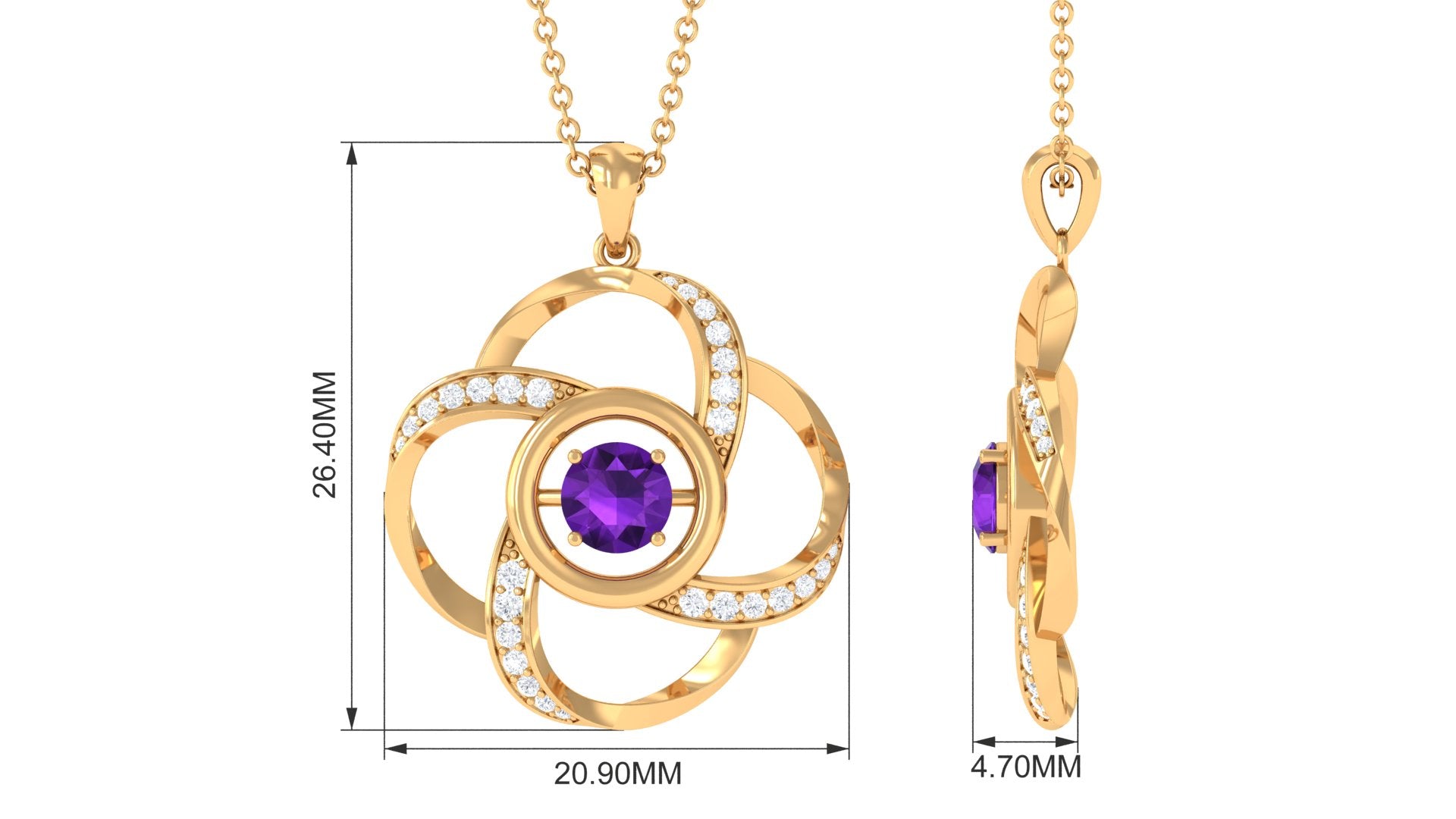 Modern Flower Pendant with Round Amethyst and Diamond Amethyst - ( AAA ) - Quality - Rosec Jewels