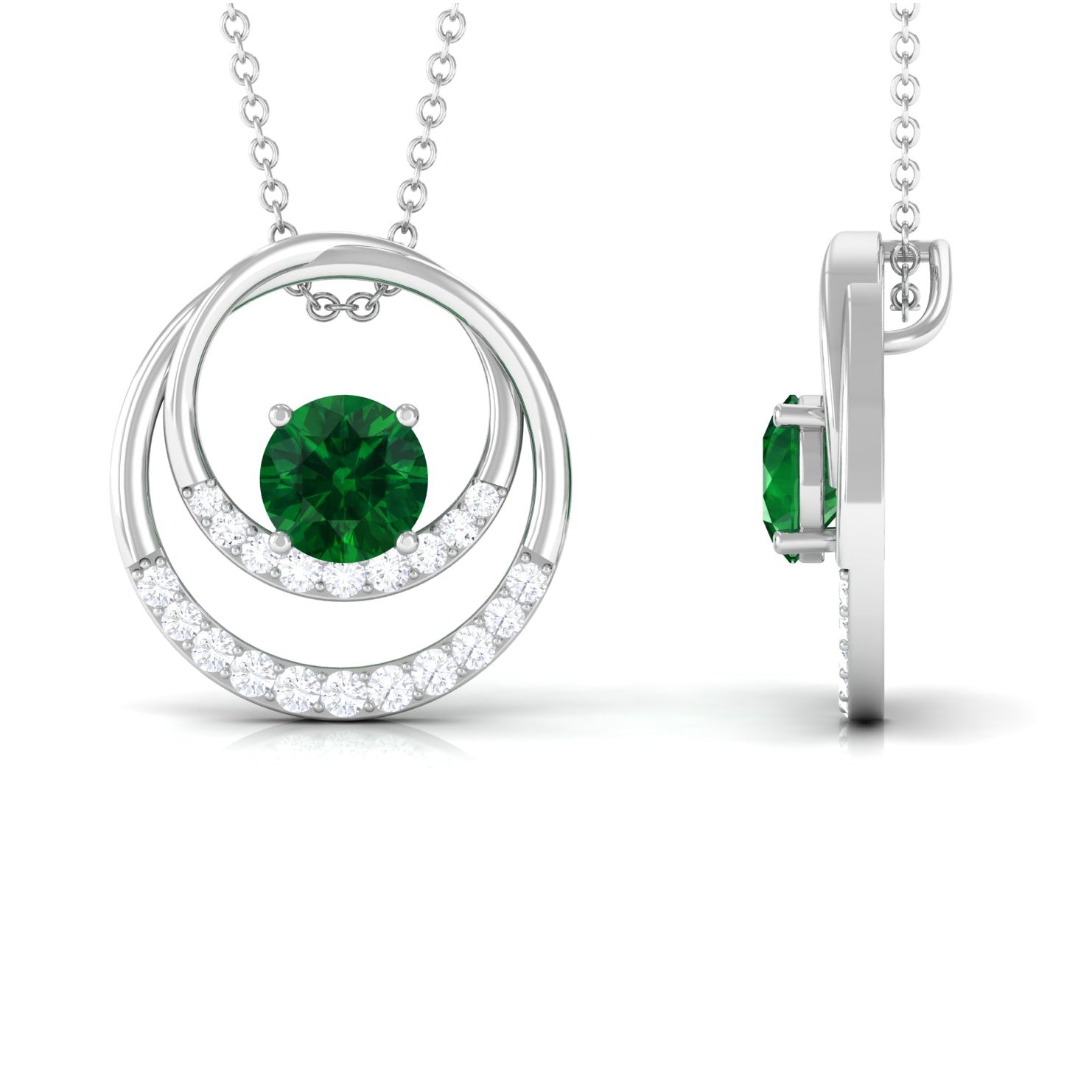 Real Created Emerald and Diamond Open Circle Pendant Lab Created Emerald - ( AAAA ) - Quality - Rosec Jewels