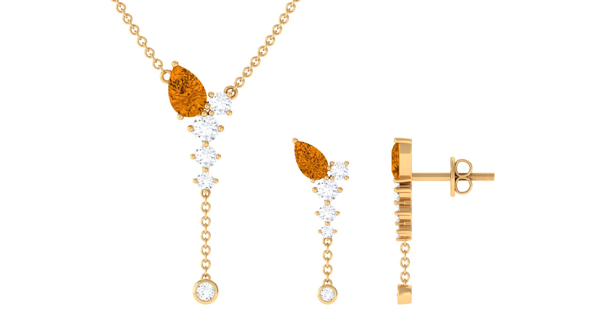 Minimal Citrine Dangle Necklace and Earrings Set in Gold with Moissanite Citrine - ( AAA ) - Quality - Rosec Jewels