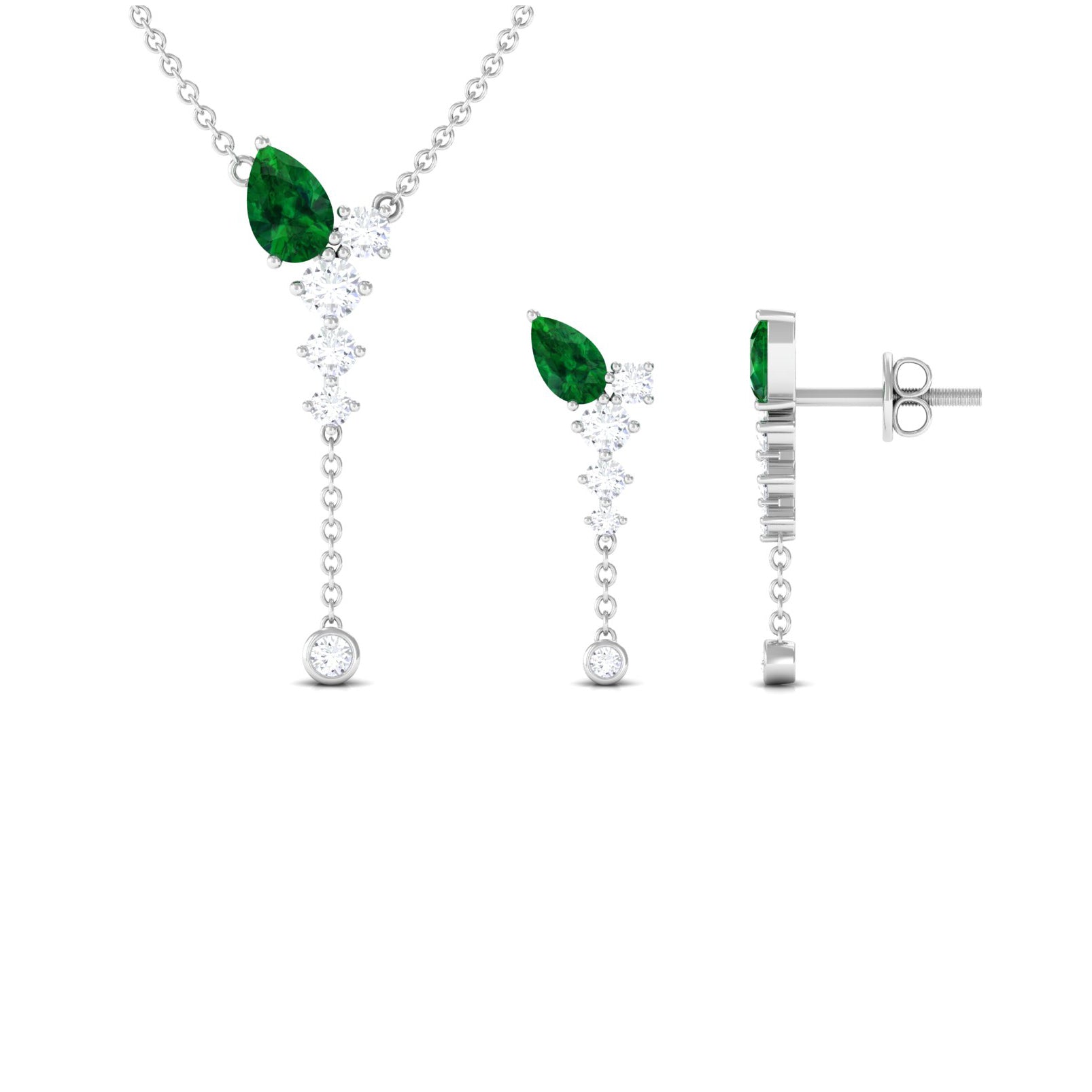 Minimal Created Emerald Dangle Necklace and Earrings Set in Gold with Moissanite Lab Created Emerald - ( AAAA ) - Quality - Rosec Jewels