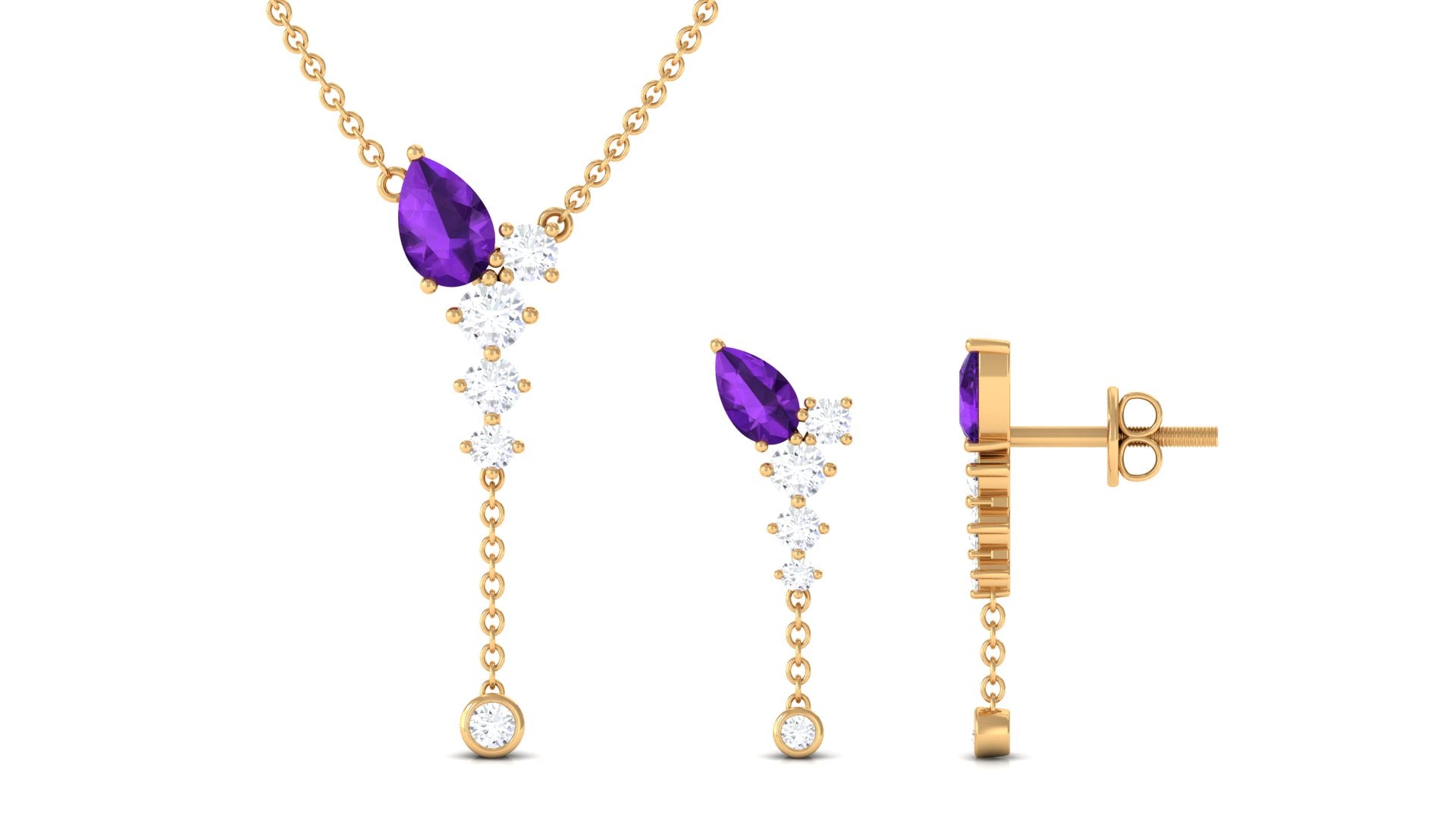 Minimal Dangle Necklace Earrings Set with Amethyst and Moissanite Amethyst - ( AAA ) - Quality - Rosec Jewels