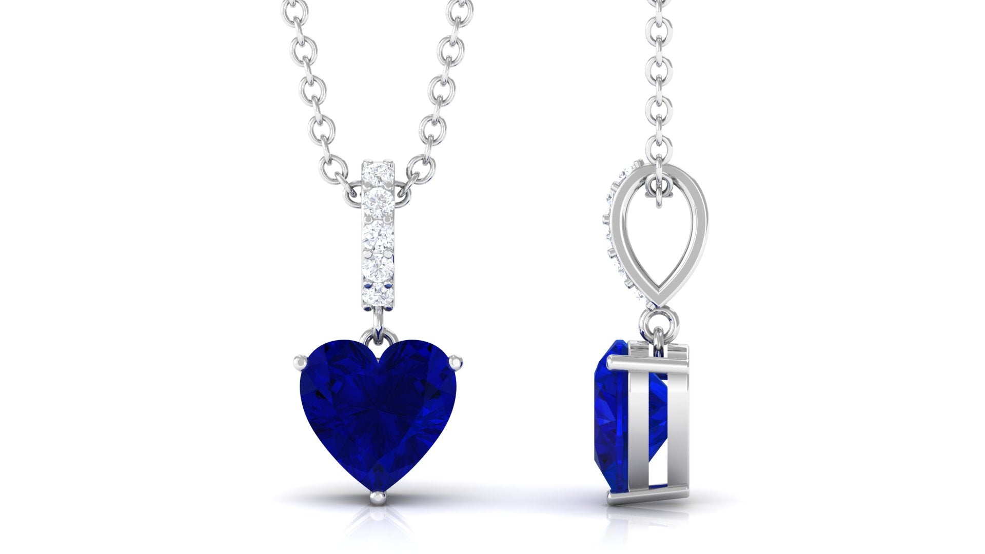 Heart Shape Created Blue Sapphire Solitaire Pendant with Diamond Accent Bail Lab Created Blue Sapphire - ( AAAA ) - Quality - Rosec Jewels