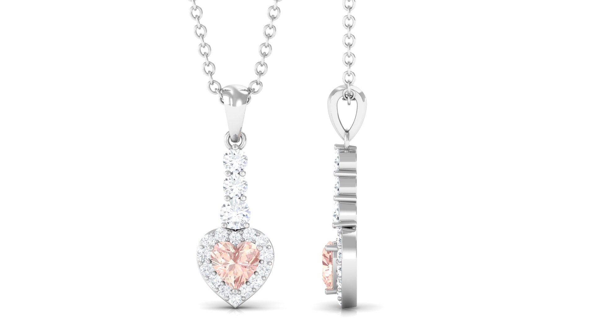 Real Morganite Heart Drop Pendant Necklace with Diamond Morganite - ( AAA ) - Quality - Rosec Jewels