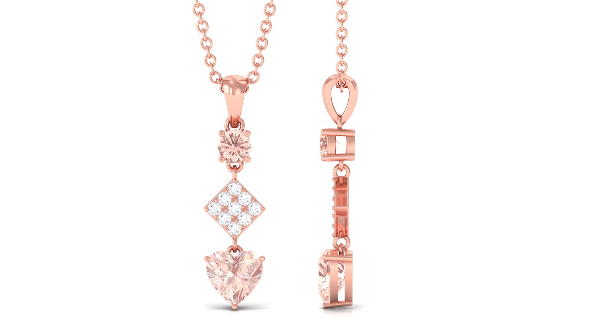 Unique Morganite and Diamond Heart Dangle Pendant with Chain Morganite - ( AAA ) - Quality - Rosec Jewels