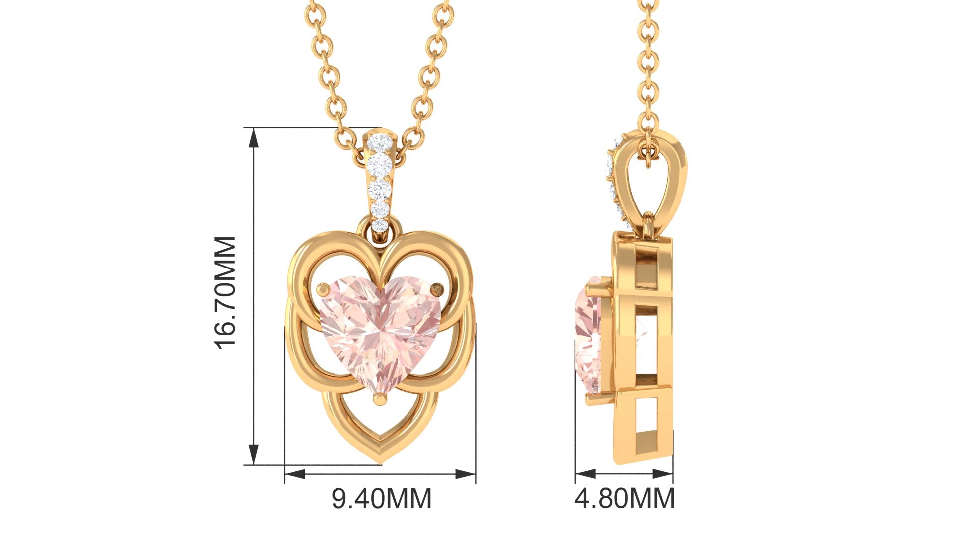 Unique Morganite Heart Pendant Necklace with Diamond Morganite - ( AAA ) - Quality - Rosec Jewels